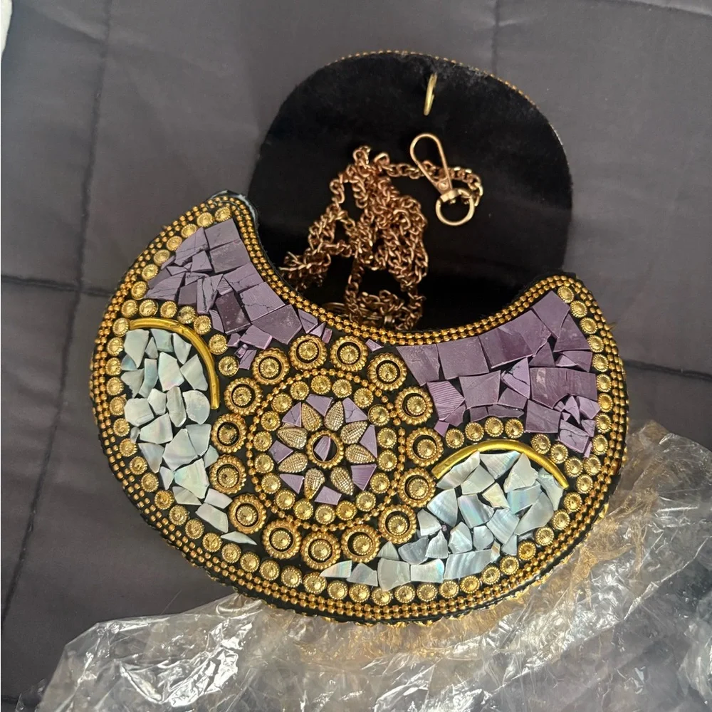 Mosaic Embellished Clutch - Purple and Gold